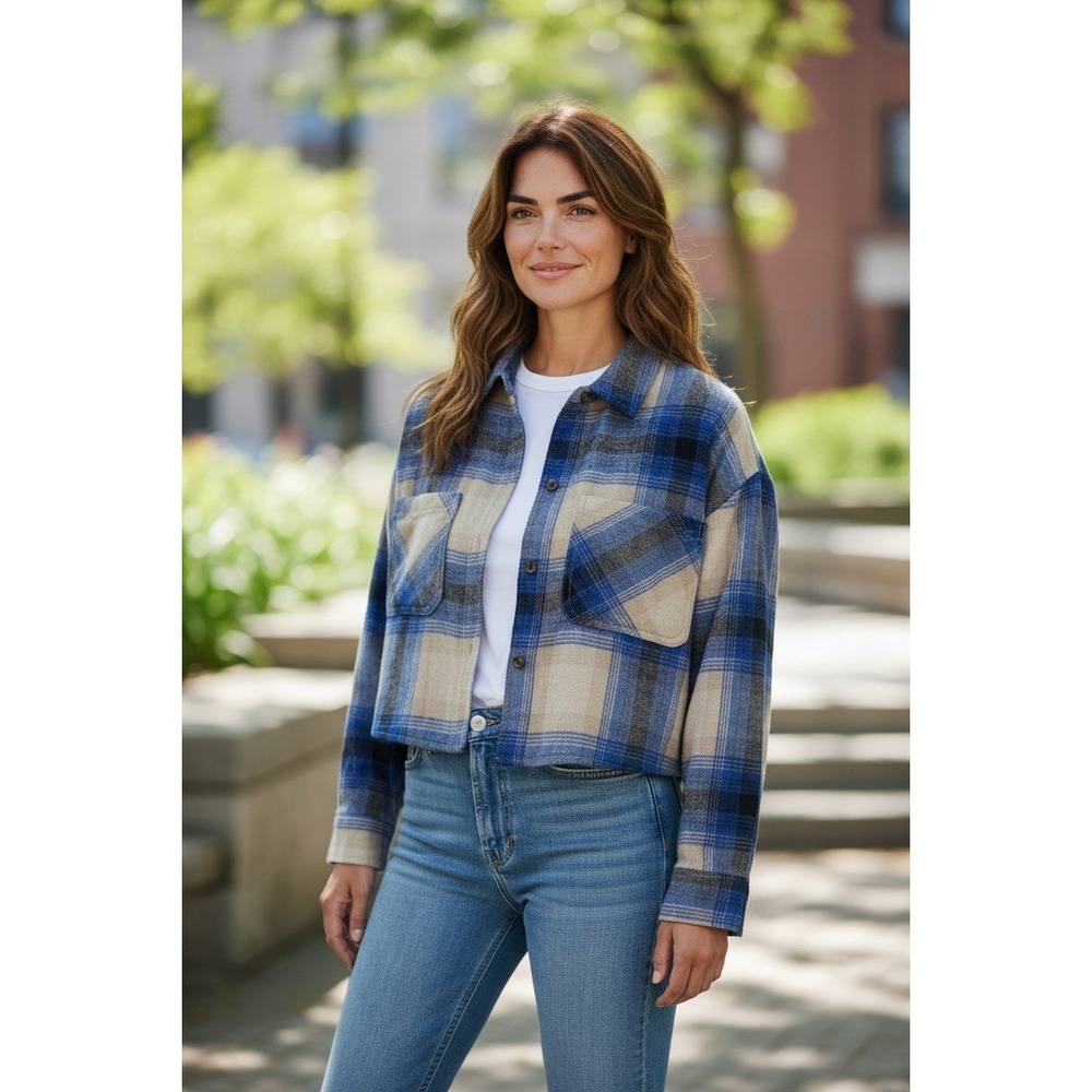 CI SONO Plaid Cropped Shacket Shirt Jacket Blue Tan Womens‎ Size Med